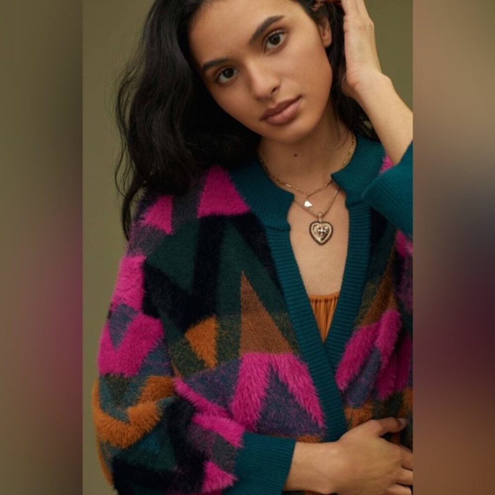 NWT Anthropologie Bel Kazan Pink and Teal Eyelash Cardigan